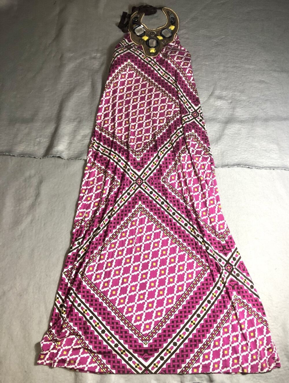 Tory Burch Dress S Silk Maxi Jeweled Embellished Halter Hippie Retro Boho 70s